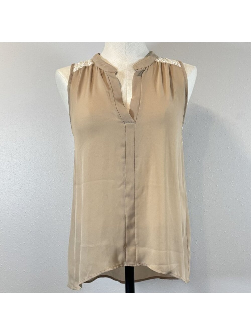 Not Forever Sleeveless Blouse Size M Semi-Sheer Beige Lace Accent Lightweight